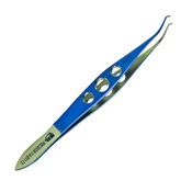 Precision Blue And Gold Titanium Castroviejo Colibri Forcep 0.50mm With 1 X 2 Teeth, On A Three Hole Handle Design, (0..50mm) 1 x 2 Teeth Set At 45 Degrees, Without Tying Platform, Overall Length Of 4 1/8" (105mm) 